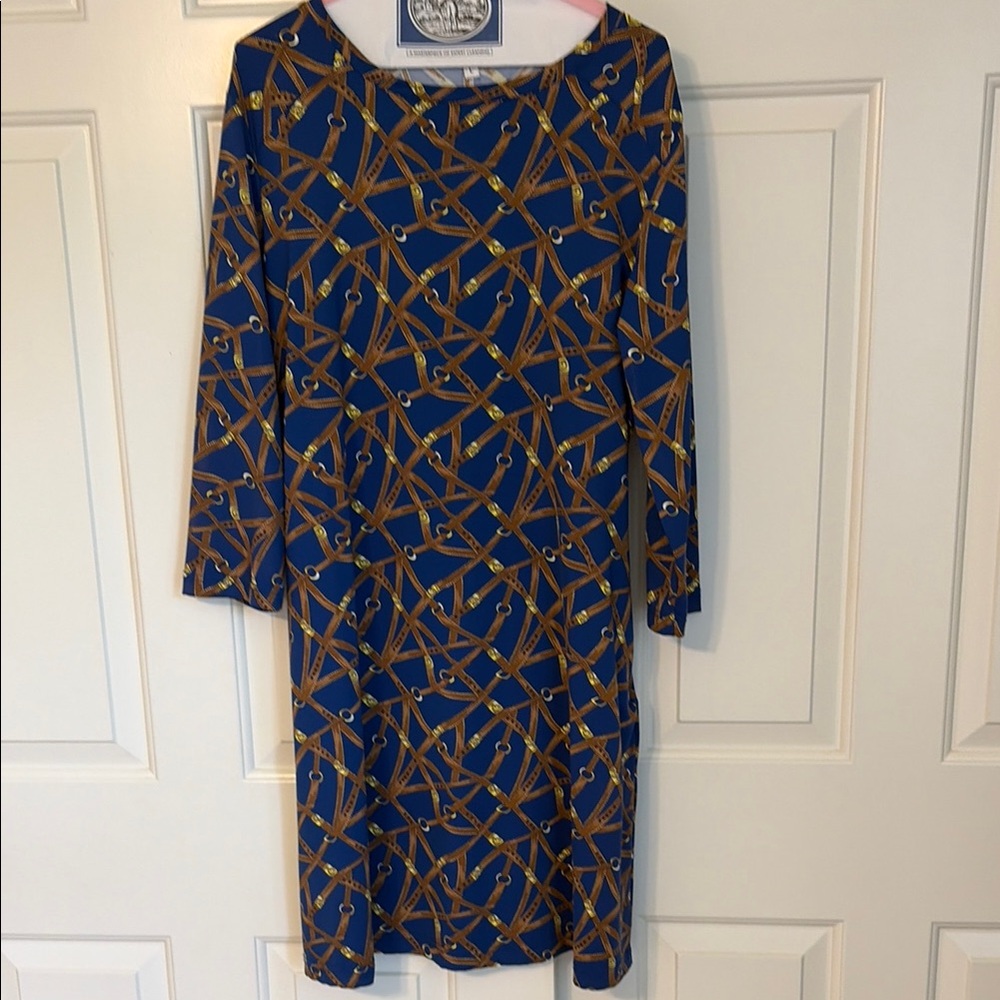 Barbara Gerwit Blue & Brown Printed Long Sleeve Women's Dress